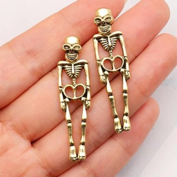 Gold Skeleton Earrings Corpse Bones Skeletons Goth Skull Studs Gothic Skulls New - Picture 3 of 10